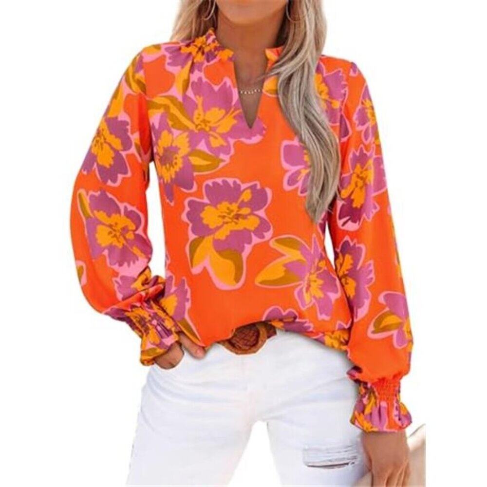 Floral V Neck Blouse Long Sleeve Puff Sleeve Casual Top Women Orange - Picture 2 of 6